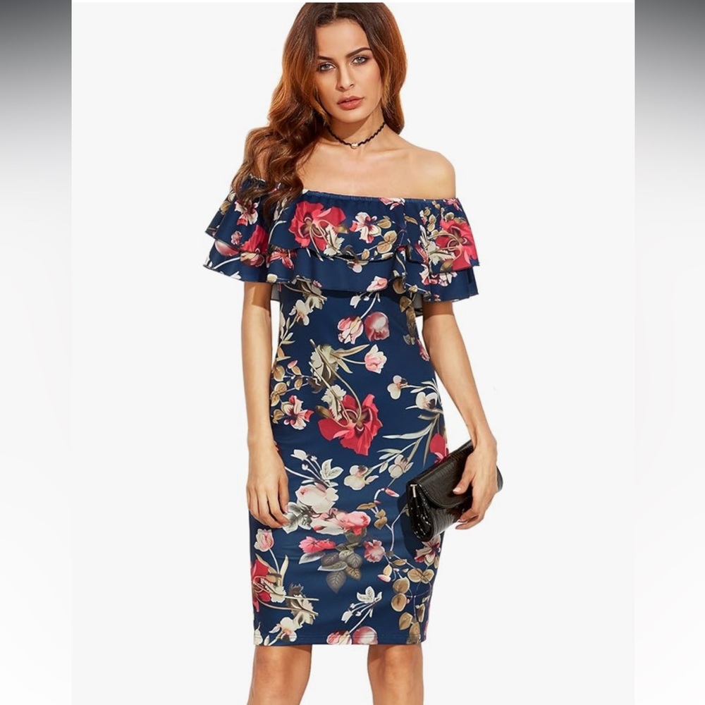 Off the Shoulder Strapless Ruffle Floral Dress Spring Summer Size S Small